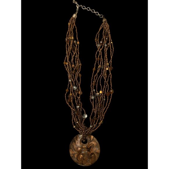 Multi-Strand Glass Bead Necklace With Bronze Swirl Pendant Art Glass Look - Picture 4 of 7